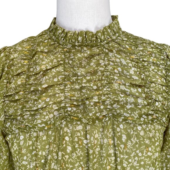 Maison d’ Amélie Boho Floral Green Shirred Ruffle Sheer Cottagecore Blouse-S - Picture 2 of 15